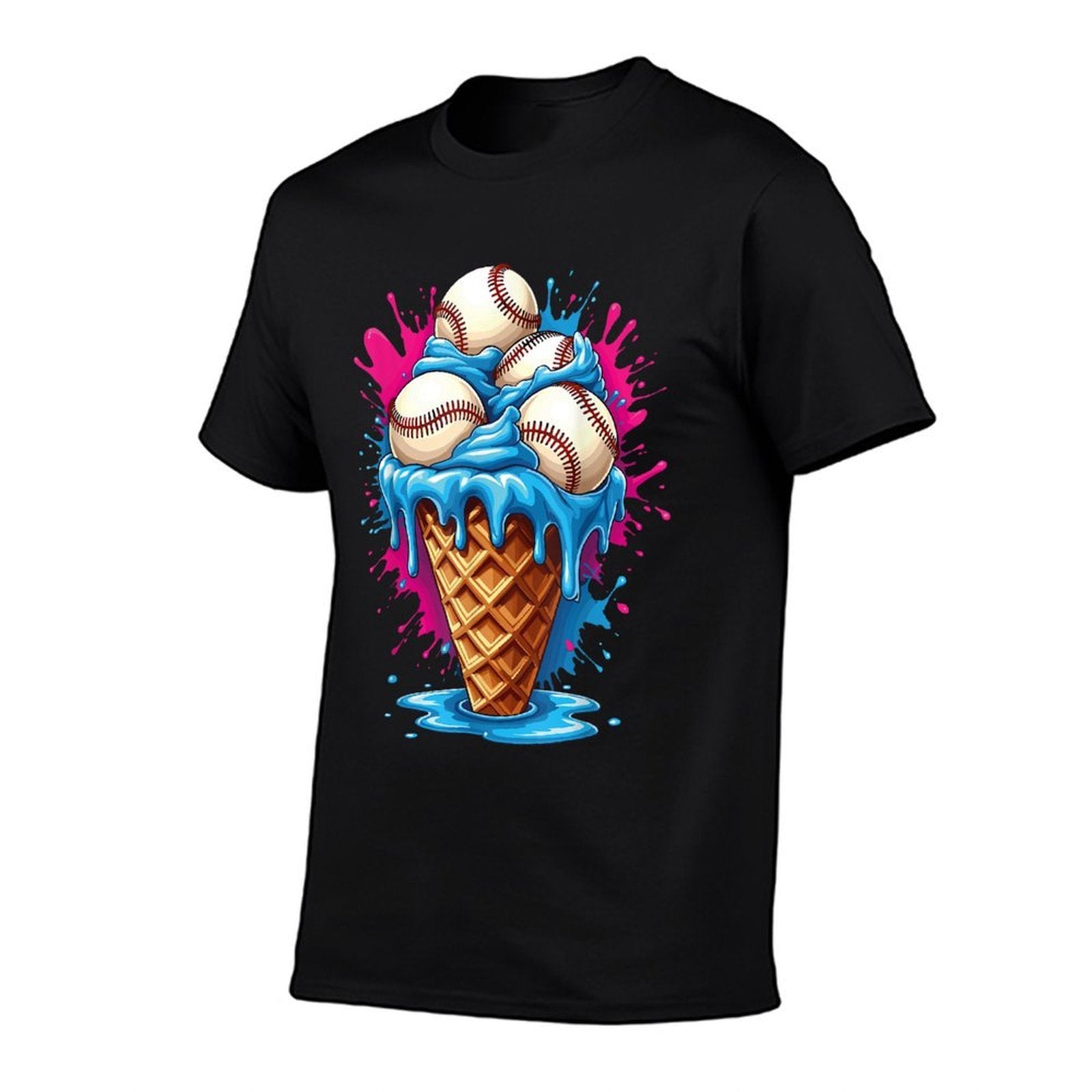 Baseball Ice Cream Funny Ice Cream Baseball Drip Watercolor  Ribbed Collar T-Shirt
