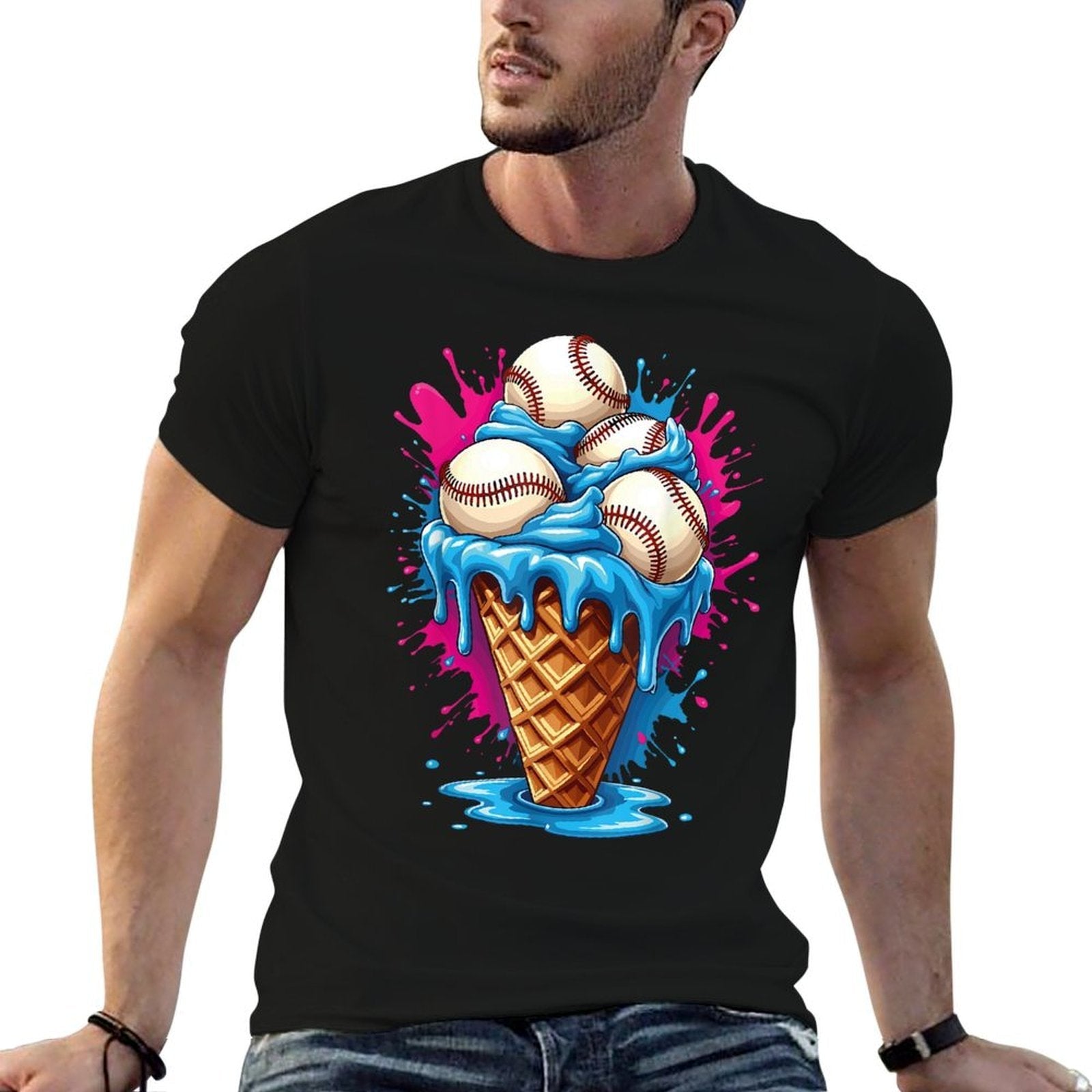 Baseball Ice Cream Funny Ice Cream Baseball Drip Watercolor  Ribbed Collar T-Shirt